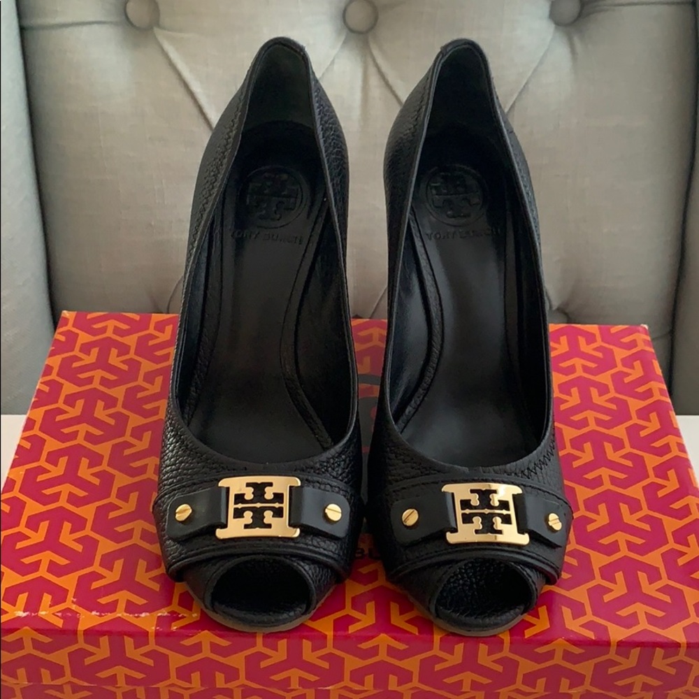 Tory Burch Black Cork Wedge Heels